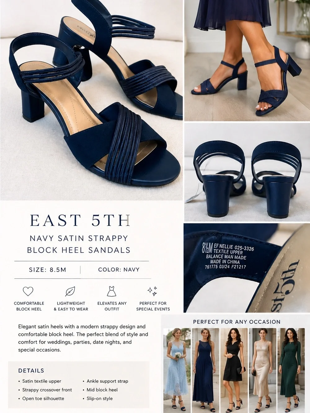 NWT East 5th Navy Satin Strappy Block Heel Sandals 8.5